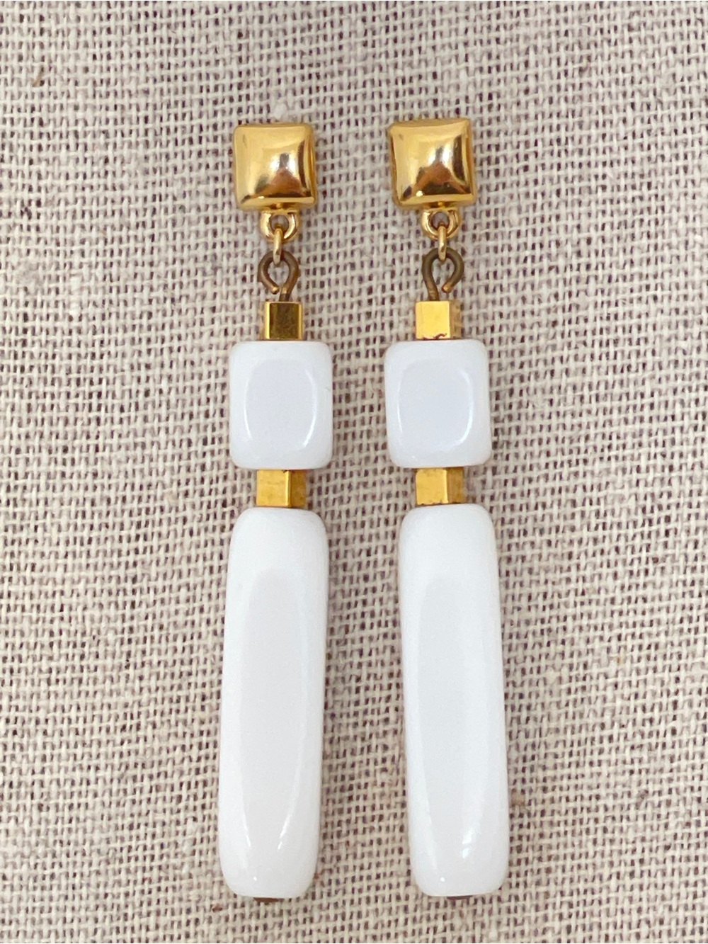 Vintage Crown Trifari White Acrylic and Gold Tone Geometric Bead Dangle Earrings